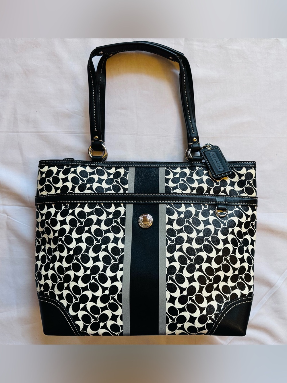 Coach Black & White Signature Pattern Tote with Center Stripe